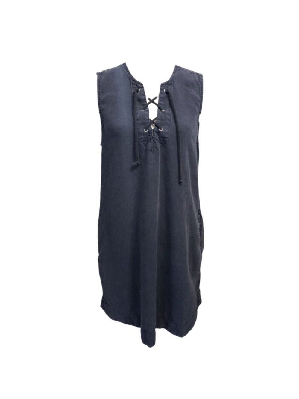 Bella Dahl Women's Dark Wash Denim Tie Up Neck Dress Medium